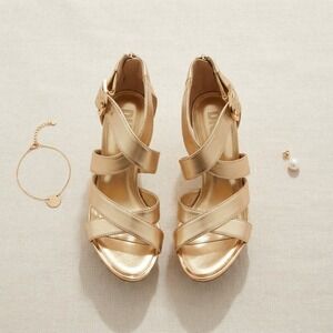 DKNY Strappy Block Heel Sandals Womens 6.5 Gold Metallic K1366371 Evening Party